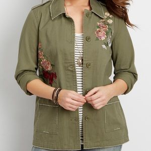 Maurice’s Twill Green Floral Embroidered Jacket